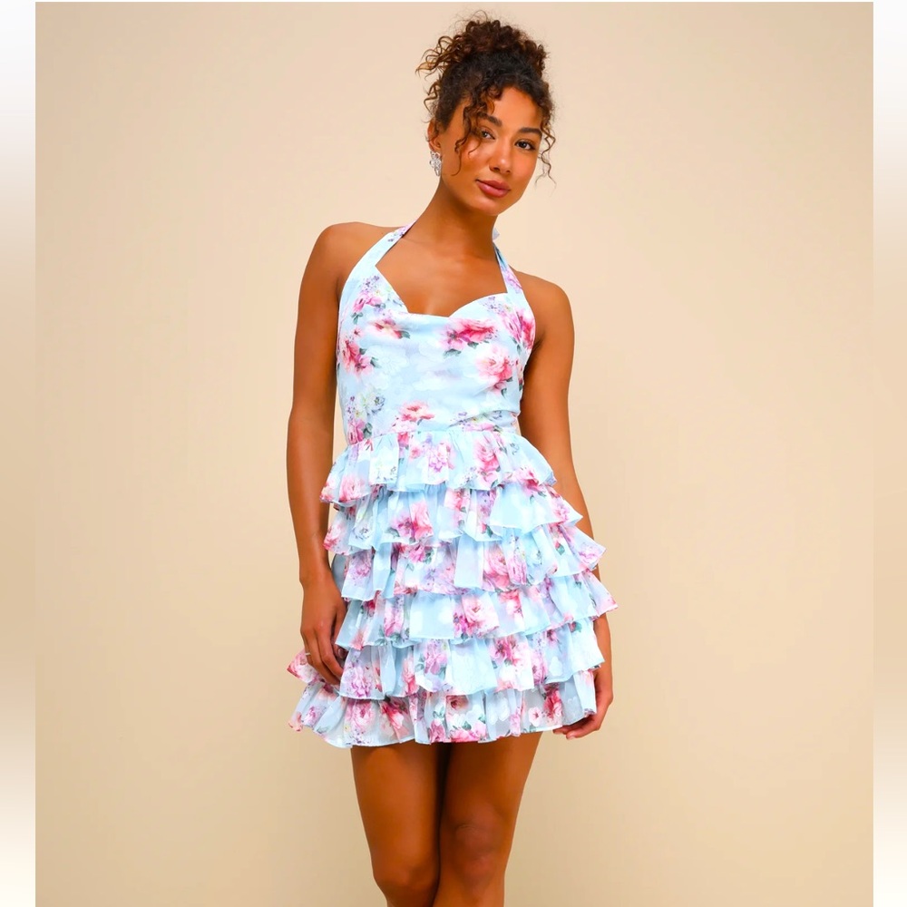 LULUS: Trending Adorable Light Blue Floral Tiered Halter Mini Dress
